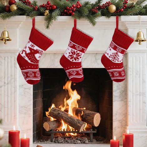 Chaussette de Noel, Lot de 3 Tricoté Bas de Noël, Chaussettes de Noël à Suspendre, Sac Cadeau, Sac de Bonbons, pour Décoration de Sapin de Noël Cheminée (1/5)