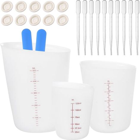 Gobelet Doseurs Résine Epoxy,125ml 250ml 500ml Verre Doseur ML,Tasses Mesurer Silicone, Gobelets doseurs en silicone pour résine époxy + 2 bâtonnets mélangeurs,10 pailles 3 ml,10 doigtiers (1/5)