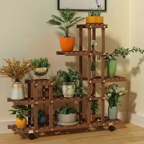 Balkon-Pflanzenregal mit mehreren Ebenen für drinnen und draußen, Blumenständer aus Metall mit Rollen und diagonaler A-Rahmenverstärkung, für Wohnzimmer, Garten, Sukkulenten. (1/5)