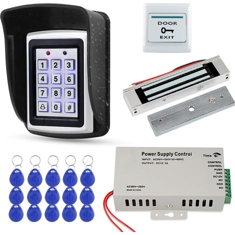 Système de Contrôle d'accès de Porte RFID Clavier RFID étanche Extérieur + Serrure Magnétique électrique 180KG + Couverture étanche à la Pluie + 15 pièces Cartes clés pour la Maison (1/5)