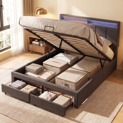 Lit coffre 140x190 cm avec éclairage LED, tête de lit et 2 tiroirs de rangement, revêtement en Lin, Gris (1/5)