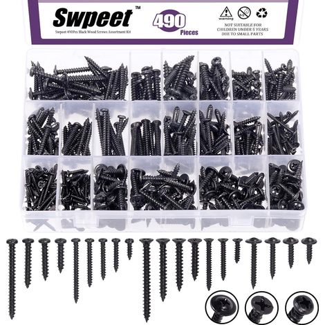 Assortiment de 490 Vis en Acier Zingué 4 6 8 - Auto-Perceuses pour Cloison Sèche - Cruciformes à Tête Plate - Bois Assorties (1/5)