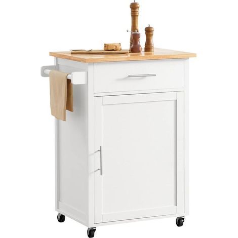 Desserte de cuisine FKW102WN avec plan de travail – Bois MDF E1 – Dimensions 68x90x46cm – Charge maximale 45kg – 4 roues dont 2 avec freins
