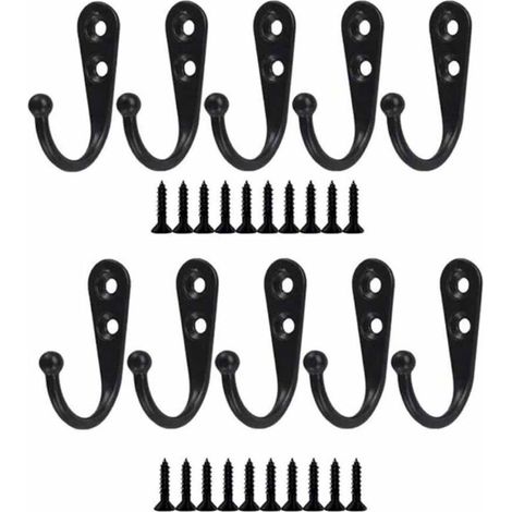10pcs Rétro Crochet de Manteau Métal Noir Patère Murale à Visser Individuelle Patère Porte Manteau Vintage Murale pour Peignoir Maison Etagères Tiroirs Casiers Salle de Bain avec 20 vis
