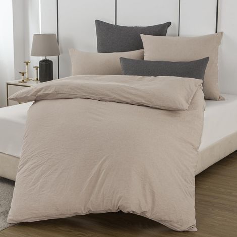 Parure de lit 2 pièces 155 x 220 cm en coton beige doux, 100 % coton lavé, comprend 1 housse de couette 155 x 220 cm et 1 taie d'oreiller 80 x 80 cm avec fermeture éclair (1/5)
