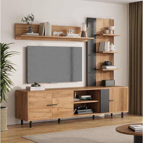 TV-Wohnwand 187.5x40x167 cm Schwarz-Holzoptik Spanplatte mit 3 Schränken und offenen Regalen (1/5)