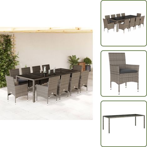 The Living Store Ensemble à manger de jardin et coussins 11 pcs gris rotin verre - Salon De Jardin - Mobilier De Jardin - Set De Salon De Jardin - Table De Jardin - Chaises De Jardin