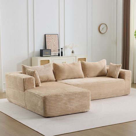 Canape sectionnel modulable avec chaise longue confortable canape en L sans ossature velours cotele beige