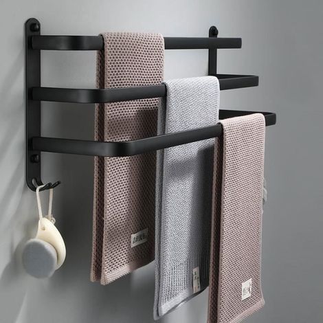 Porte-serviettes mural en aluminium 3 étagères 60 cm étanche noir (1/4)