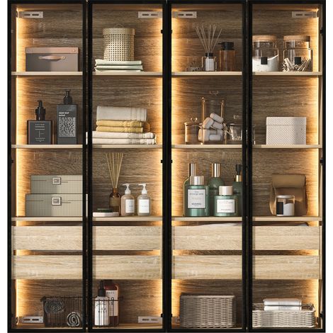 CHICFURN Mueble de baño 74x36x155 cm de MDF natural, LED, lote de 2, puertas de vidrio (1/5)