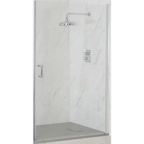 Milano Langley Chrome Wet Room Walk In Hinged Door Frameless Shower Enclosure with Light Grey Slate Effect Tray and Fast Flow Waste - 900mm x 800mm (1/5)