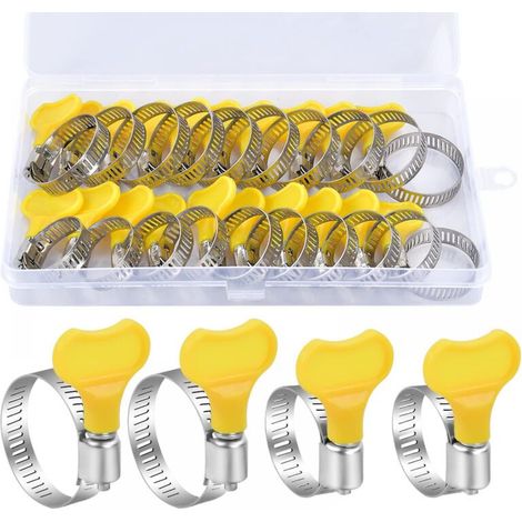 20 pièces colliers de serrage réglables 16-25/19-29mm colliers de serrage en acier inoxydable avec poignée rotative boîte jaune pour machines à laver piscines voitures conduites de gaz