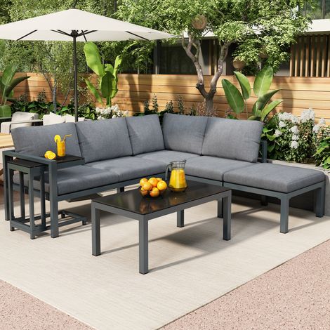 Grey All-Weather Outdoor Lounge Sofa Set for 4-5 People with Side and Coffee Tables-Cushions Included