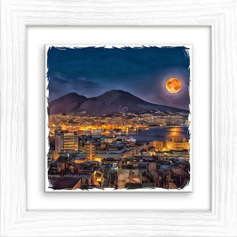 Lupia - Quadro moderno con paesaggi e localismi italiani, Ceramica e Stampa Rilievo, Cornice Legno Shabby Modern bianca, Decorazione Parete, Quadretti Soggiorno, 29x29 cm, NAPOLI VESUVIO LUNA NOTTE (1/4)