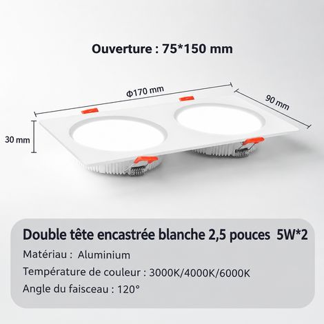 Spot LED encastrable double tête 5W2 blanc 3000K ultra-plat 3 cm 5w blanc 3000k 500 g – Livraison gratuite
