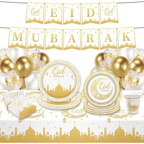 Eid Mubarak Vaisselle Jetable Décoration - 52 pieces - 10x Grande Assiette, 10 Moyen Assiette, 10 Serviette,10 Gobelet, 10 Decoration Ballon,1 Banderole, (Vaisselle) (1/5)