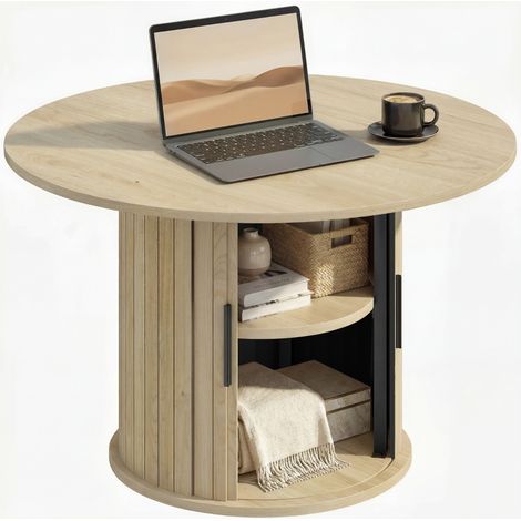 Table basse ronde avec rangement et étagères en bois naturel, design moderne et porte coulissante à lattes pour salon élégant (1/5)
