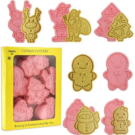 Set di 6 formine per biscotti natalizi in plastica per bambini, a forma di omina di pan di zenzero, omino di pan di zenzero, pupazzo di neve, albero di Natale, Babbo Natale e alce. (1/5)