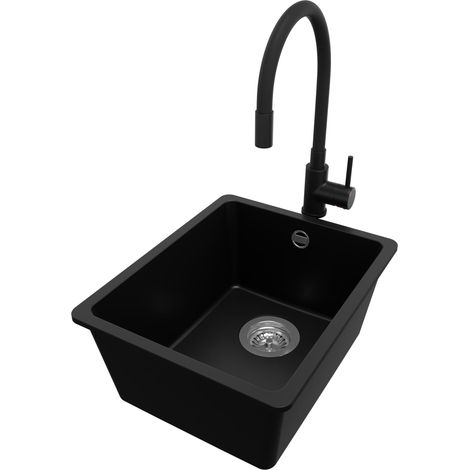 PRIMAGRAN Evier Sous Plan 36x44cm, Evier en Granit 1 bac + Robinet 40x38cm + Kit de Vidage, Évier au meuble 40cm - Venise Easy, Noir (1/5)