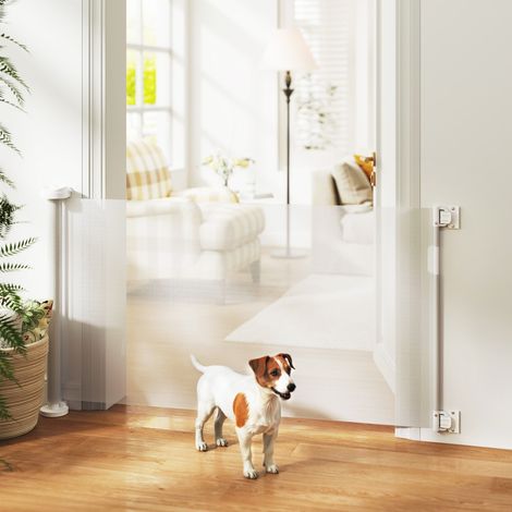 Cancelletto di sicurezza retrattile per cani con interruttore di sicurezza per porte, scale, corridoi, 142x10x87 cm, bianco