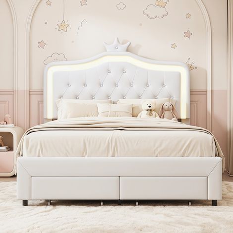 Lit double 140 x 200 cm avec 2 Tiroirs et LED , Lit fille,Lit princesse, sommier à lattes, cadre de lit 140 x 200, PU, blanc