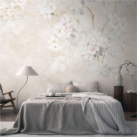Fototapete Profhome 399191 heißgeprägte Vliestapete glatt mit Blumen-Muster matt beige creme-weiß grau weiß 3,71 m x 2,8 m
