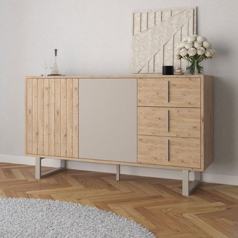 Buffet 2 portes 3 tiroirs 140x40x80 cm effet chêne et crème - JUNGA (1/5)