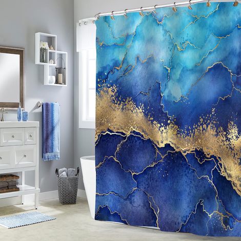 Filiyano-Ensemble rideau de douche effet marbre bleu ombré, rideau de douche abstrait bleu et or (1/3)