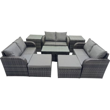 Fimous 3 Seater Sofa Reclining Chair Coffee Table Set Rattan Garden Outdoor Furniture Set with 2 Side Table 2 Big Footstools Dark Grey Mixed (1/5)