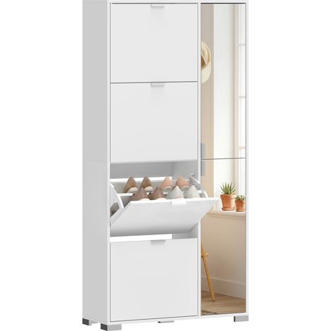 Meuble à chaussures avec miroir, 4 tiroirs à charnières, meuble à chaussures d'entrée, blanc (1/5)