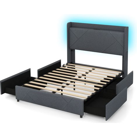 Plattformbett mit LED-Beleuchtung und Ladestation, Grau, 200 x 160 cm