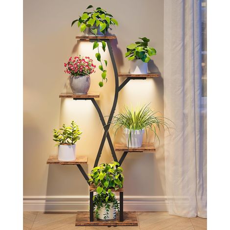 Étagère à Plantes 7 Niveaux avec Lampe de Croissance Réglable, Support à Fleurs Hauteur 118 cm, Fonction Minuterie, pour Salon, Balcon, Verrière, Marron Rustique et Noir (1/5)
