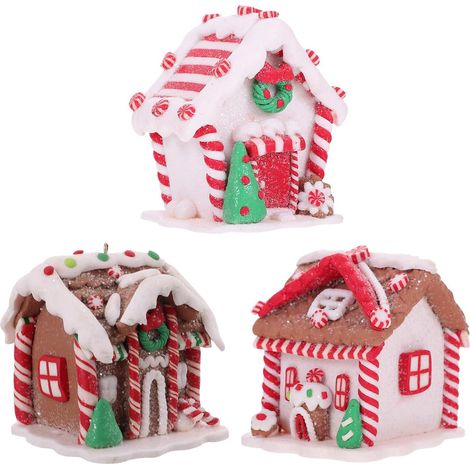 3pièces Lot de Maisons Pain Épice Miniatures Décorations de Noël Argile Suspendues Ornement de Maison de Noël pour Sapin et Intérieur (1/5)