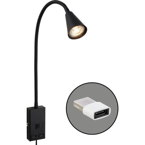 Leselampe LED Bettlampe Wandlampe Schwenkbar 2x USB Port Kabelschalter GU10