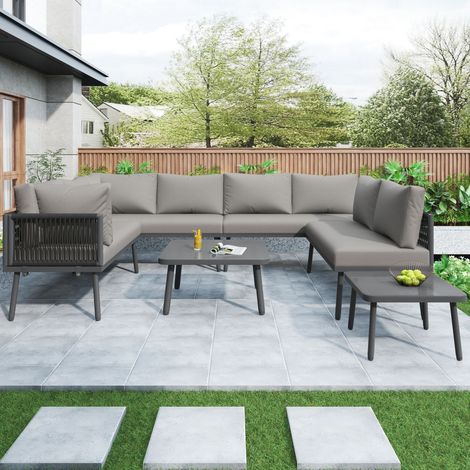 Canapé d'angle extérieur jardin fer forgé pour 8 personnes 2 tables 4 canapés 2 places coussins inclus