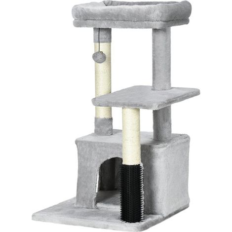 ALBERO TIRAGRAFFI PER GATTI MULTILIVELLO CON LETTINO E CASETTA. RIVESTIMENTO IN PELUCHE. GRIGIO (1/5)