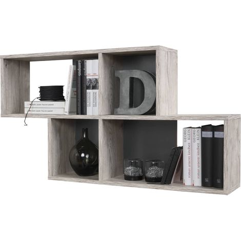 Etagère murale 4 niches 100x19,5x53 cm chêne grisé et anthracite (1/3)