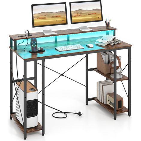 COSTWAY Bureau d'Ordinateur Modulable avec Éclairage LED (Marron) (1/2)