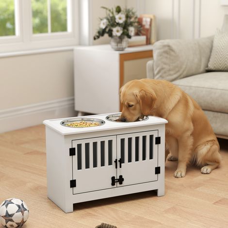 Gamelle surélevée pour chien avec 2 bols en acier inoxydable (2 x 2 L), un espace de rangement de 37 L et 2 portes à loquet, blanche. (1/5)