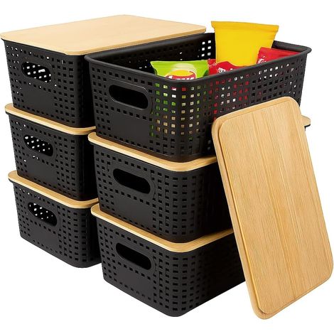 BLUE BAZAAR 6Pcs Storage Black Plastic Bins with Bamboo lids,Lidded Storage Bins,Stackable Storage Boxes for Kitchen, Bathroom, Office, Wardrobe (1/5)