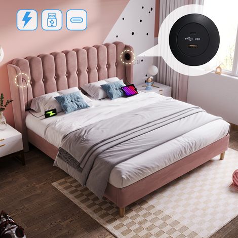 Upholstered Double Bed with USB and Type-C Charging, Bed Frame with Wooden Slatted Frame, Teenager Bed for Bedroom & Guest Room, 4ft6 135 x 190 cm Bed Frame, Pink, Velvet Material (No Mattress).