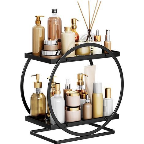 Organiseur de maquillage pour coiffeuse, 2 niveaux de salle de bain - Organiseur de comptoir de salle de bain - Étagère de rangement en métal pour parfums, chambre à coucher (rond noir) (1/5)