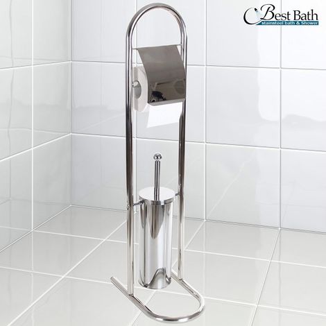 TRADE SHOP - Piantana Porta Rotolo Con Scopino Da Bagno Metallo Lucido Cromato Bagno Wc 80 Cm - (1/5)