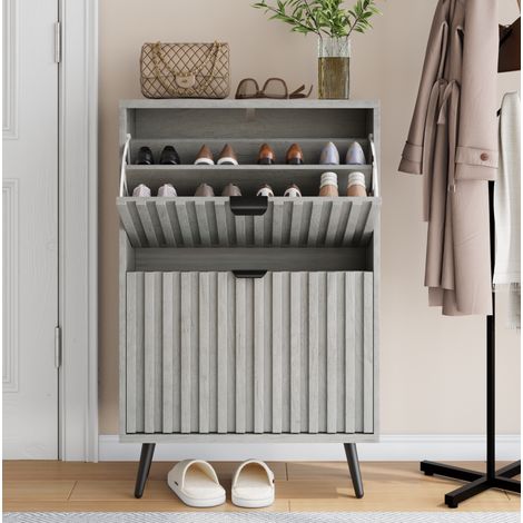 Schuhschrank 60 cm grau aus MDF und Spanplatte mit Klappschubladen und Kippschutz (1/5)
