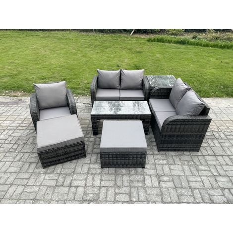 Fimous 7 Pcs Rattan Gartenmöbel Sofa Set Tisch & Stühle Set mit Beistelltisch 2 hohen Hockern Dunkelgrau Gemischt (1/5)