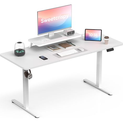 Bureau électrique réglable en Hauteur avec Support d'écran - 160 x 60 cm - Réglable en Hauteur - Ergonomique - Blanc (1/5)