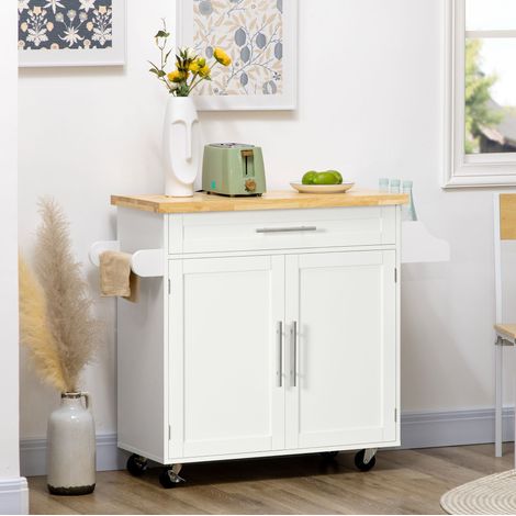 Carrello da cucina 109/40/89 cm bianco con piano di lavoro, ripiano portaprezzemolo e porta asciugamani (1/5)