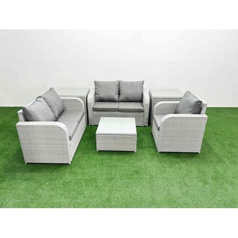 Fimous High Back Poly Rattan Garden Furniture Set with Reclining Chair Loveseat Sofa Square Coffee Table Indoor Outdoor Patio Set 2 Side Table Light Grey (1/4)
