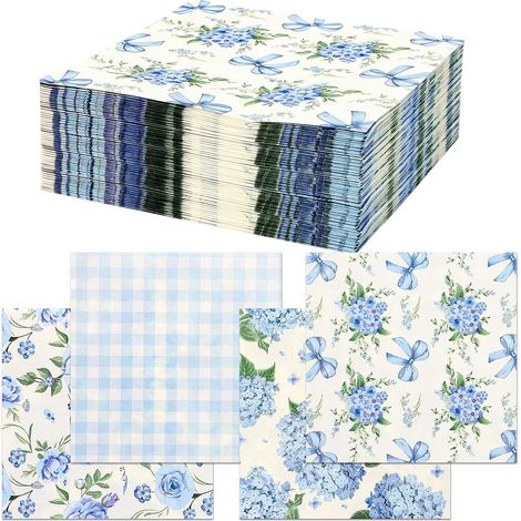 Lot de 100 serviettes en papier jetables motif hortensia, 33 x 33 cm, imprimées sur les quatre côtés, en bleu et blanc, pour anniversaire, fête, mariage, communion, décoration de table (1/5)