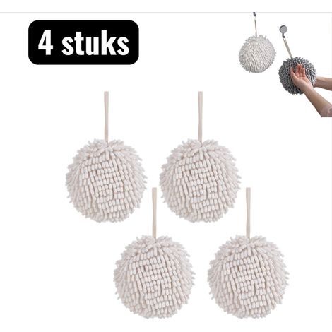 lot de 4 serviettes pour les cheveux en chiffon boule éponge en chenille séchoir ultra absorbant serviette de salle de bain et de cuisine avec boucle de suspension couleur blanche (1/5)